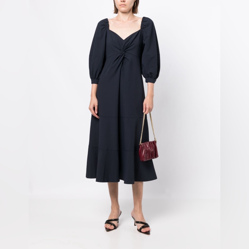 NWT Cinq A Sept Navy Blue Kristina Bishop-Sleeve Midi Dress‎ V-neck size 2